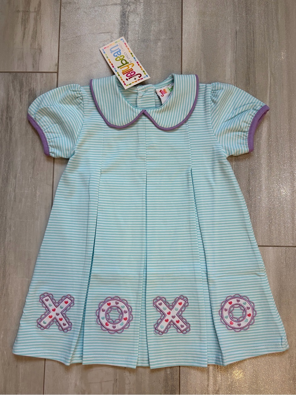 NWT JellyBean Aqua Stripe Puff Sleeve XOXO Embroidered Collared Dress Girls 24M